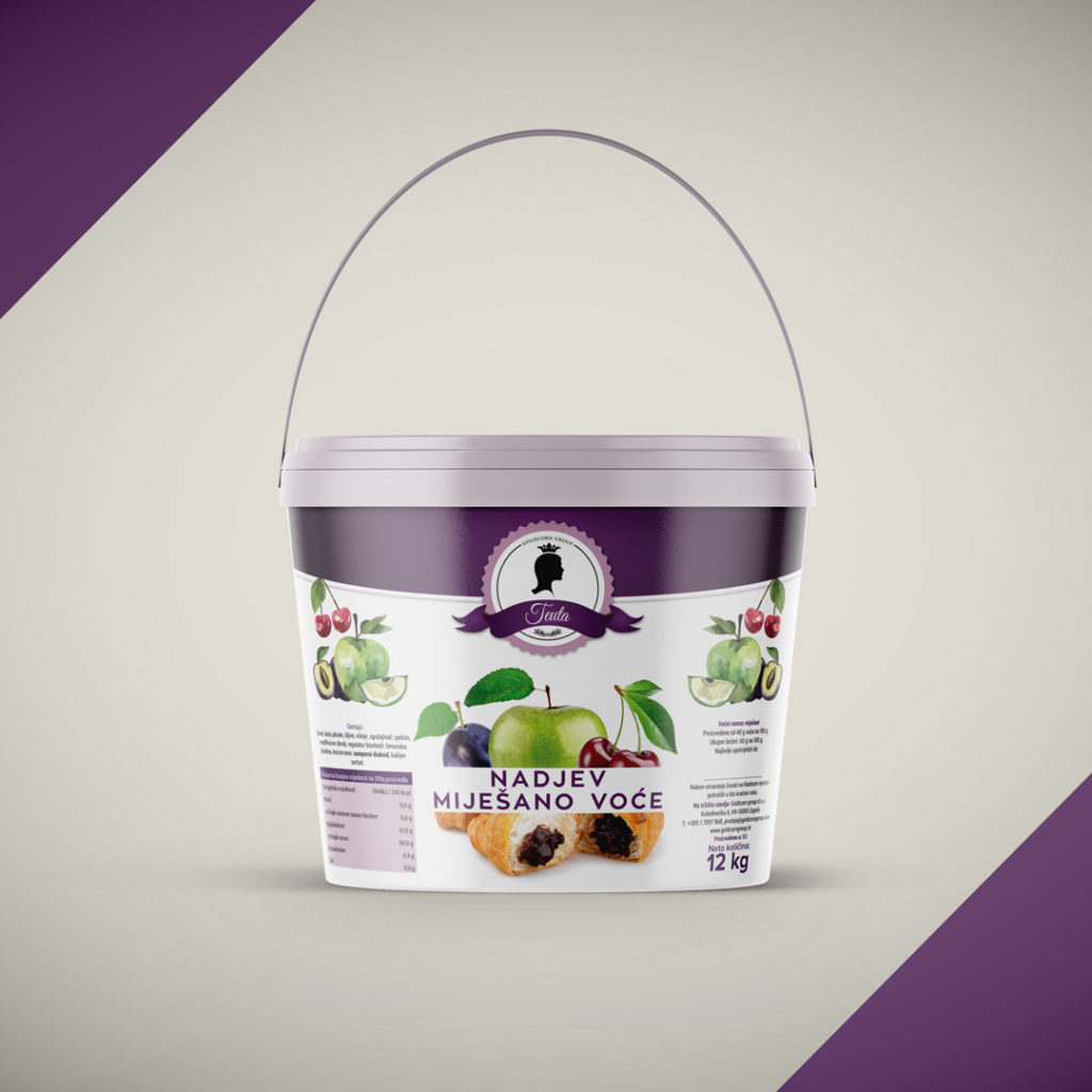 Packaging design for Goldcorn group. We designed packaging for fillings of various flavors (apricot, apple, chocolate, cherry and mixed fruit) for our clients from Zagreb.
