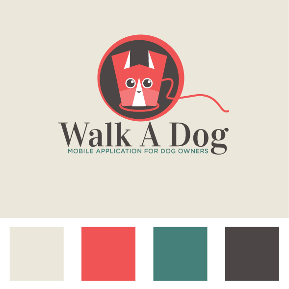 UI and logo design for Walk A Dog mobile app. The logo is on a beige background. The logo icon is a circle in which there is an illustration of a dog whose tail (a squiggly line) goes outside the circle. The edge of the circle and the dog are red, while the inside of the circle is brown. Below the icon, the name is written in dark brown letters. Below the presentation of the logo is a white strip on which there are 4 colors used in the logo in the corresponding squares: beige, red, green and brown.