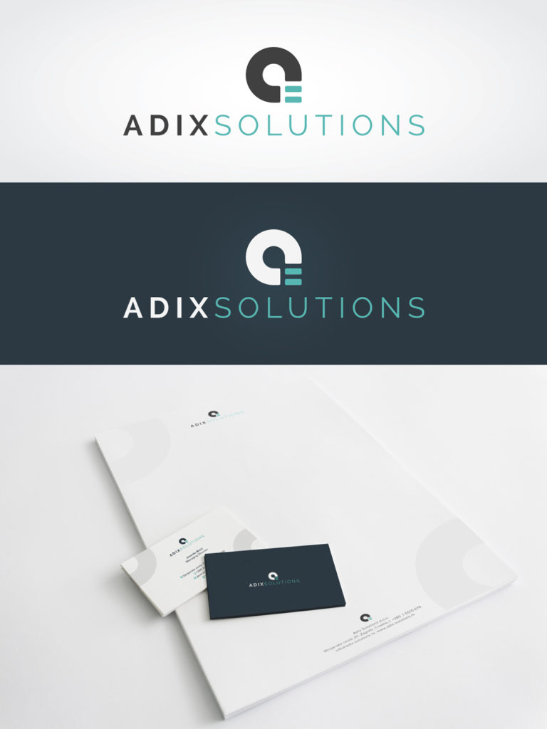 Visual identity for the company Adix Solutions. Professional, modern and striking logo design for the company Adix from Zagreb. The image shows the logo on a light background. The logo is dark gray and turquoise. Adix is dark, and solutions is turquoise. The logo icon is a semicircle, and where the circle should meet, there is an equal sign. The circle is dark, and the equal sign is turquoise.