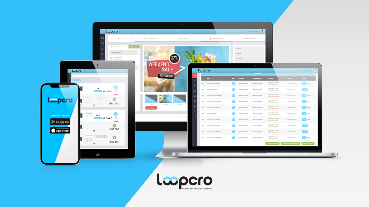 UI/UX dizajn za Loopcro mobilnu i web aplikaciju. Jednostavan i pregledan dizajn prema željama naših klijenata. Prevladava snažna plava boja u kontrastu sa bijelom. Na slici su monitor, laptop, tablet i pametni telefon na kojima je prikazana aplikacija.