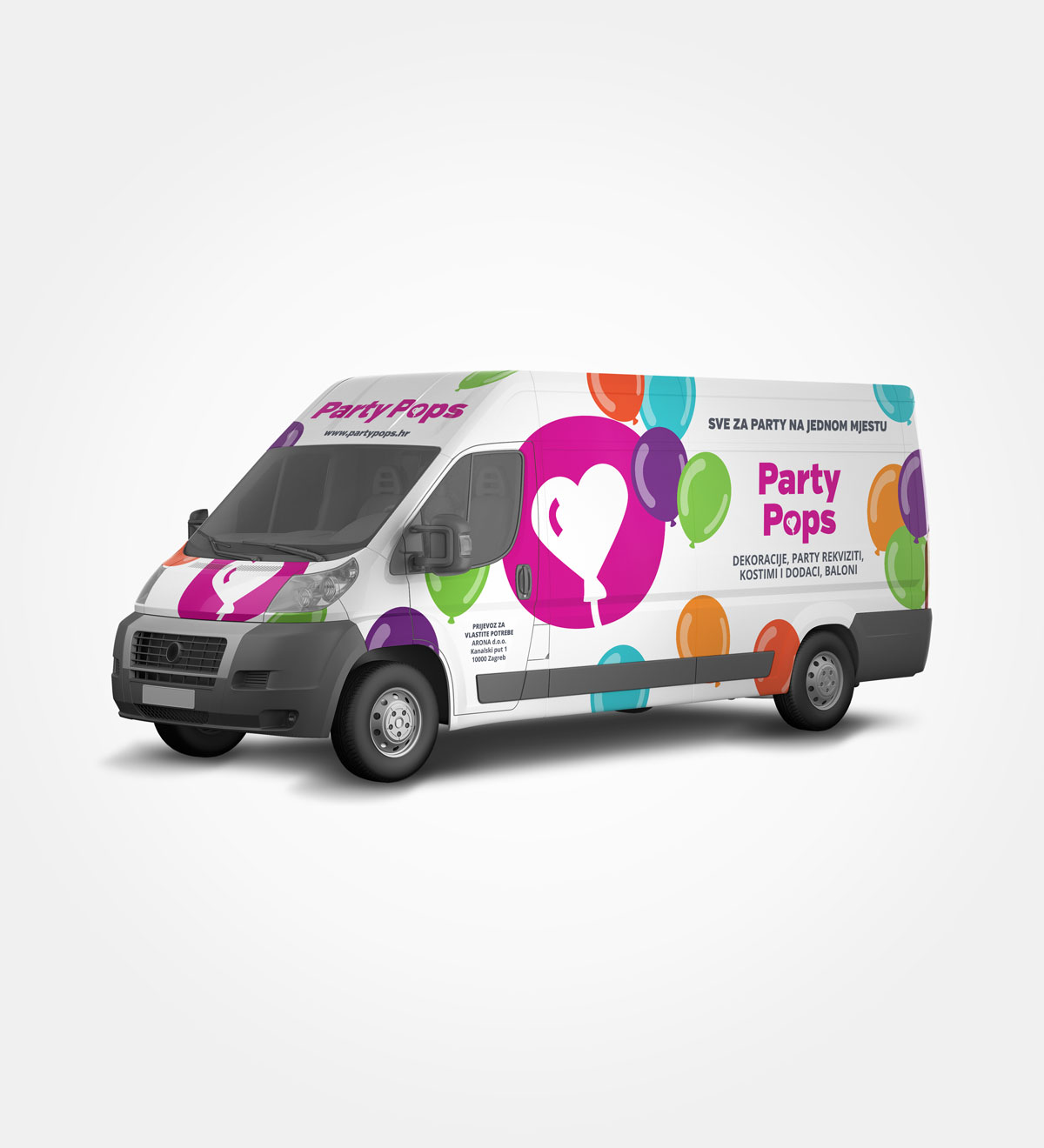 Dizajn oslikavanja vozila za Party Pops. Veseli dizajn kombija u skladu sa veselim klijentima. Dominiraju roze boje i raznobojni baloni.