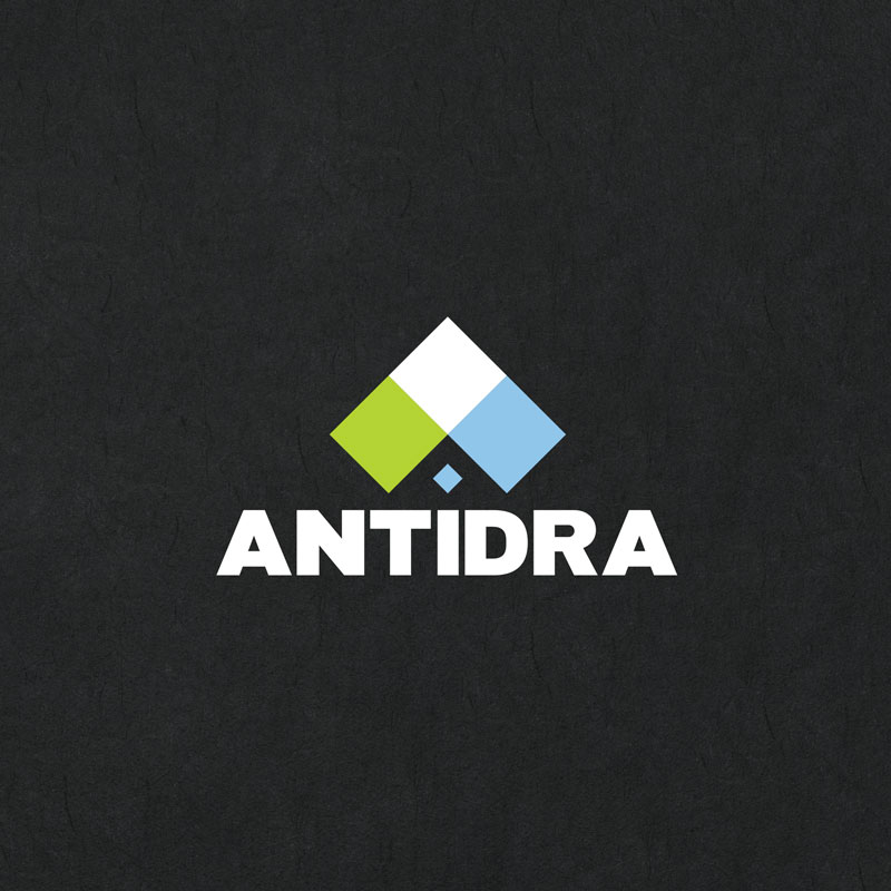 Logo design for the company Antidra from Croatia. The picture shows the logo on a black background. The logo consists of an icon and the name of the company. The name of the company is written in white and block letters. The icon is an abstract letter A in white, green and blue.