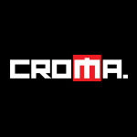 Logo tvrtke Croma. Bijela slova na crnoj podlozi sa slovom M okružen crvenom bojom.