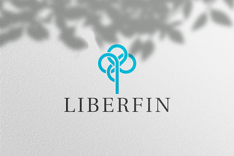 Logo design for the company LIberfin from Zagreb, Croatia. In the picture we see a printed logo on a white wall above which there is a shadow of flowers. The logo icon is in bright blue color, and the letters are in dark gray color right below the logo.