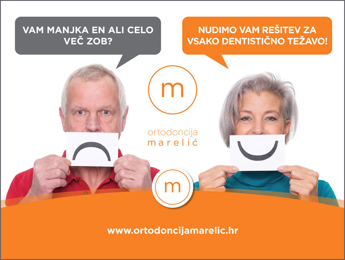 Promotional stand design for Ordinacija Marelić, a dental practice from Rijeka, Croatia. The stand shows two photos, an elderly gentleman and a lady who, instead of showing their mouths, hold a paper above them, one with a downward smile, the other with an upward smile. The design is made in orange color with a white background and dark gray details.