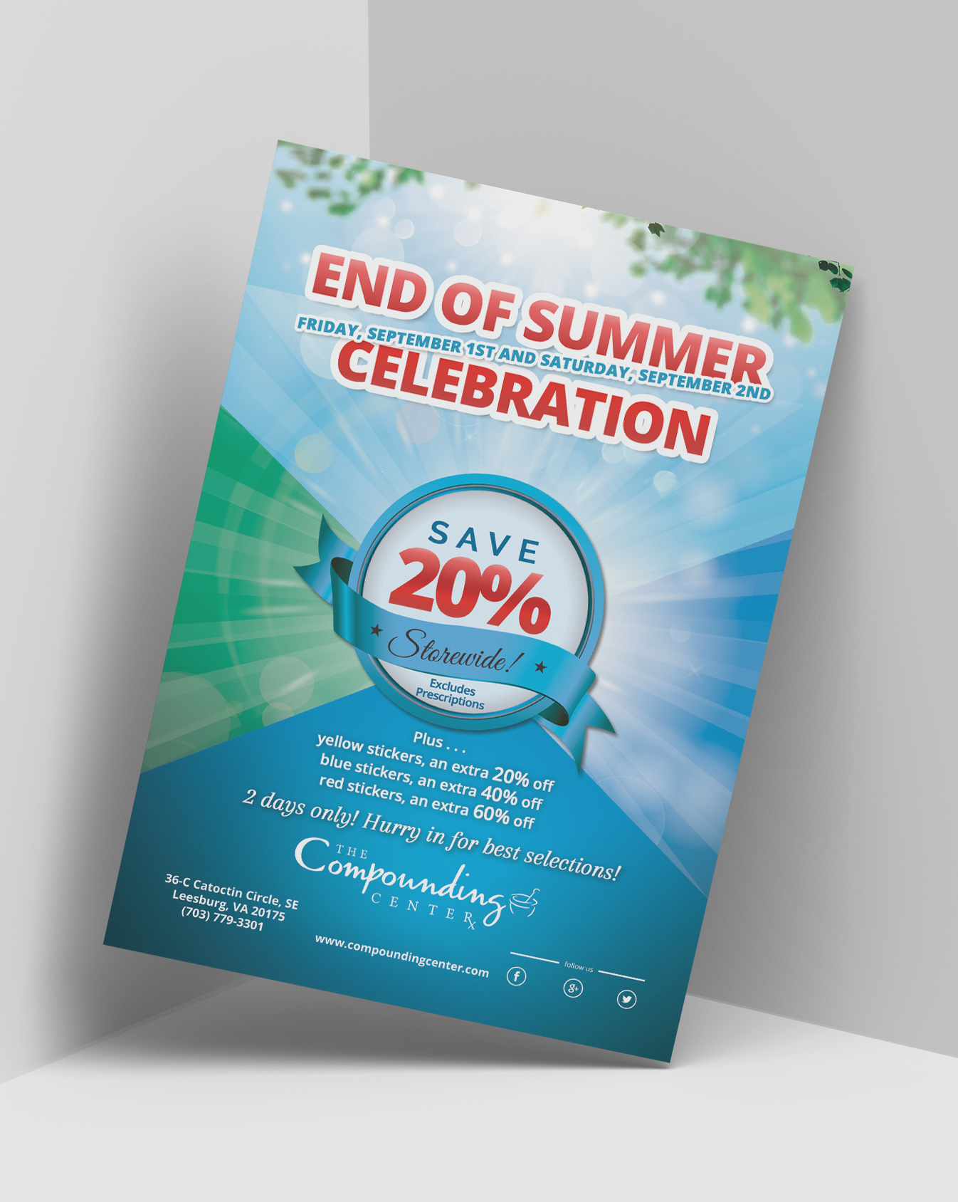 Poster design for The Compounding Center. The poster is blue-green with red letters announcing a 20% promotion. At the top of the poster we see leaves and the sky. In the center is a circle with a special price, and on top are big red letters.