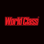 Logo World Class Fitness Studija. Crvena slova na crnoj podlozi