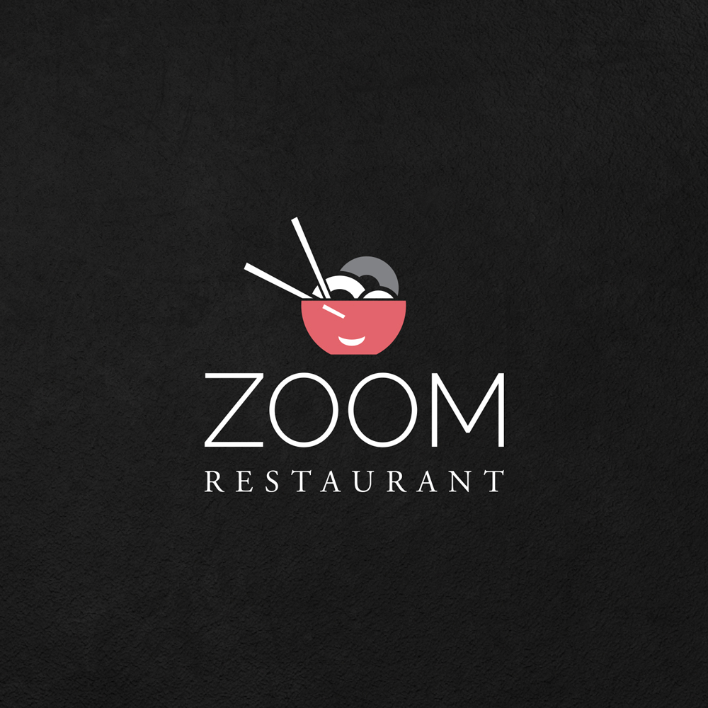 Logo design for Zoom Restaurant. The logo was designed for an Asian cuisine restaurant in Zagreb. Cheerful design with an Asian flair. The logo is on a black background. ZOOM and below the restaurant are written in white capital letters. The icon of the logo is an Asian ramen bowl with noodles and Chinese chopsticks sticking out of it. The container is red in color