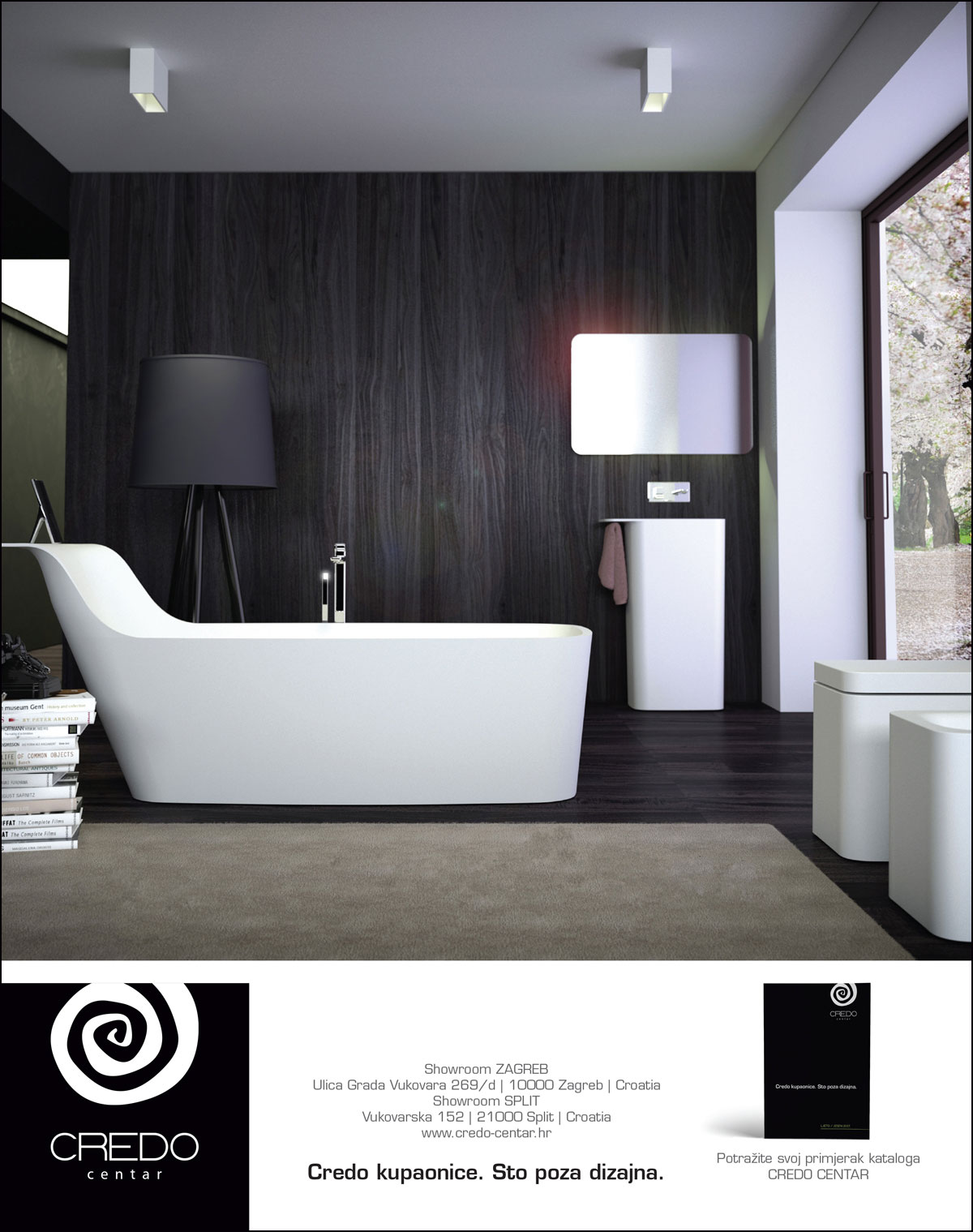Ad design for the Credo Center from Zagreb, Croatia. The picture shows a photo of a bathroom with a brown floor and dark walls. The main star is the white bathtub and modern sink. The whole photo looks extremely classy and expensive. In the lower part there is information about Credo Center and their logo.