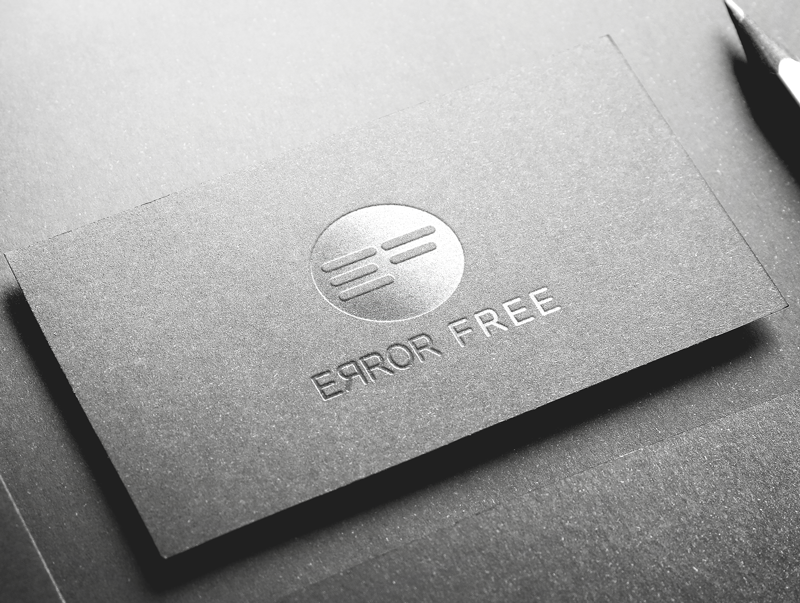 Business card with printed Error Free logo