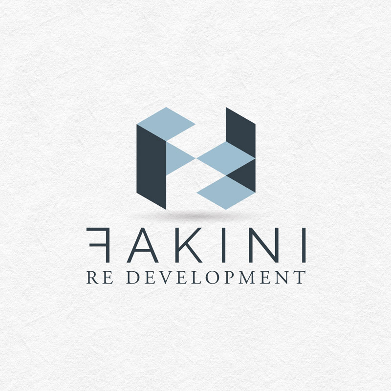 Creation and design of the logo for the company Fakini from Zagreb :: the image shows the logo on a light background. The logo icon is two letters F, one of which is turned upside down to visually look like a building. The letters are in dark gray and light blue. Below the icon is the name of the company Fakini, but in order to break the seriousness and give the meaning of the company visual symbolism, we turned the first letter F to the other side. Below that is the description: Re Development. The letters are in dark gray.