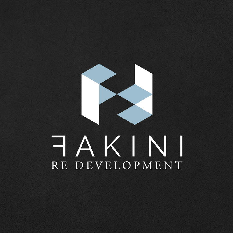 Creation and design of the logo for the company Fakini from Zagreb :: the image shows the logo on a dark background. The logo icon is two letters F, one of which is turned upside down to visually look like a building. The letters are in white and light blue. Below the icon is the name of the company Fakini, but in order to break the seriousness and give the meaning of the company visual symbolism, we turned the first letter F to the other side. Below that is the description: Re Development. The letters are in white.