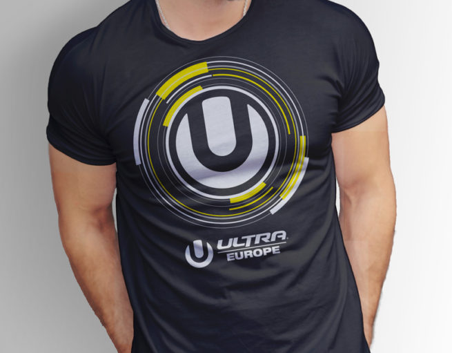 T-shirt design for Ultra Europe Music festival :: Picture shows a man wearing a black t-shirt with the design on it and Ultra Europe's logo. Design is a letter U inside a white and yellow circle.