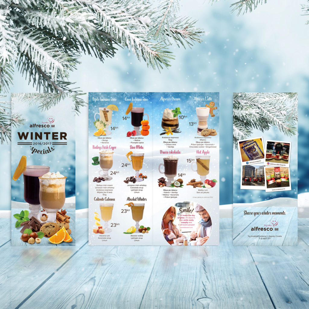 Price list design for Alfresco Bar in Zagreb. The picture shows price list mockups. Front and back and double inner. In the background you can see a snowy theme with fir tree branches.