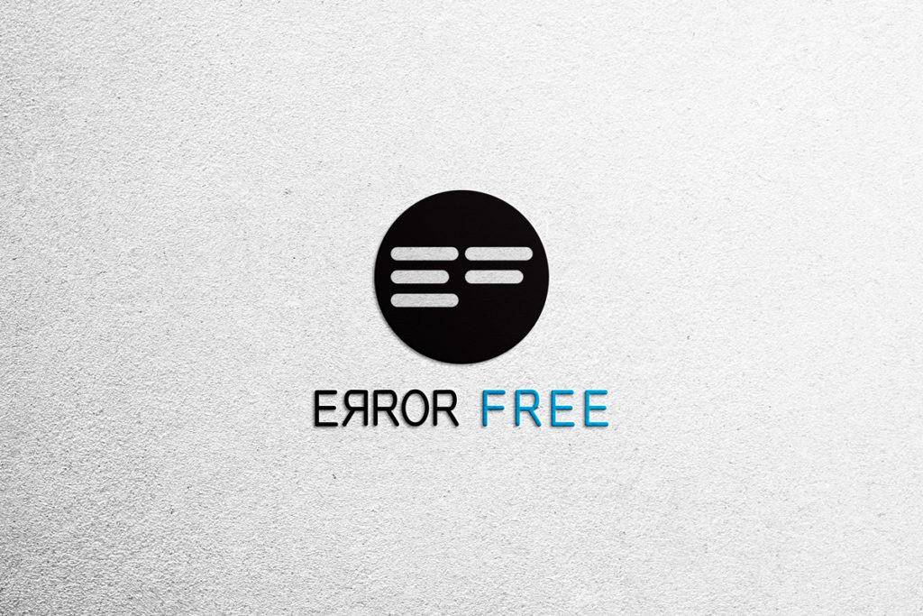 Dizajn loga za Error Free tvrtku. Logo se sastoji od ikone: krug u kojemu se nalaze simboli slova E i F, te tekstualnog dijela Error free, gdje je prvo slovo R okrenut naopačke. Boje su crna i svjetloplava.