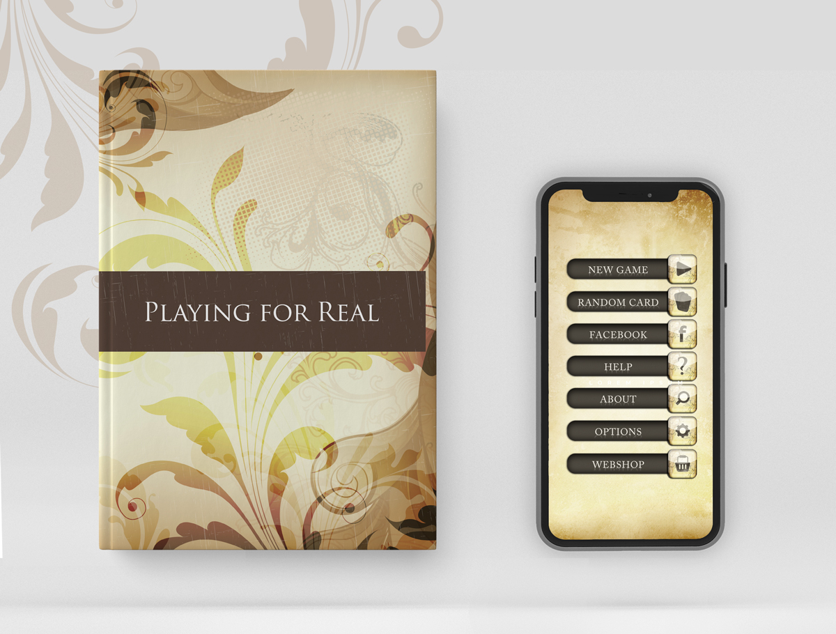 Book and iPhone game design by Gnothe. The picture shows a book and a game designed in warm earthy colors with a floral motif.