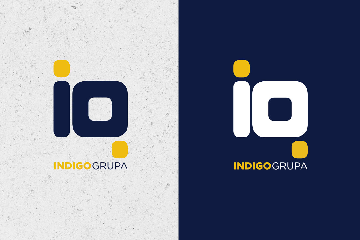 Dizajn logotipa za indigo grupu. Dizajn je tamnoplave boje sa detaljima u žutoj boji. Sama ikona su inicijali tvrtke I i G, a kao točka na i i donji dio slova G su ilustirani pomoću žute točke.