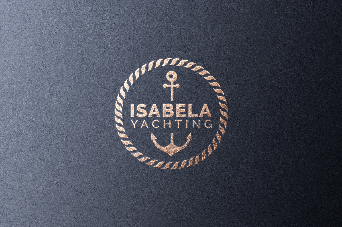 Logo design for Isabela Yachting from Zagreb. The gold logo is on a black background, which gives an elegant impression. The Sami logo is a circle made of rope, and inside the circle is the name of the company written in printed letters, and in the middle of the circle is an anchor. The anchor starts and is interrupted by the text and then continues again.