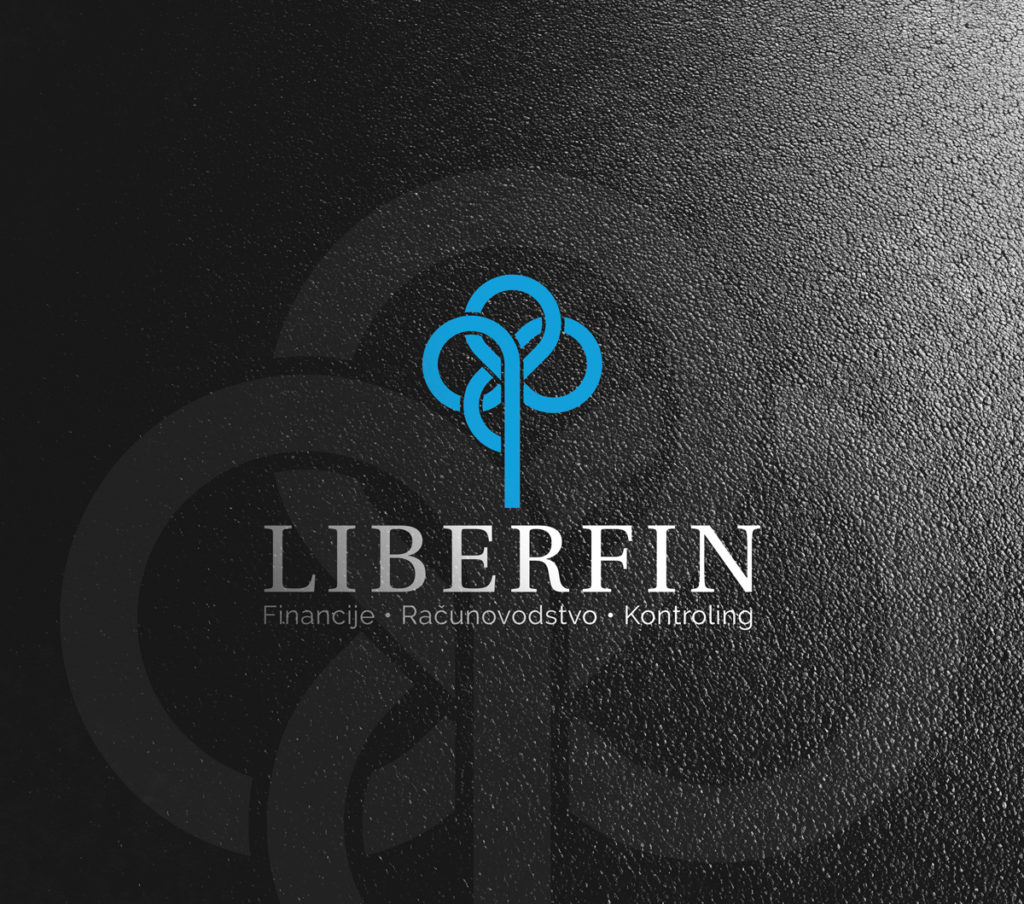 Logo design for the company Liberfin from Zagreb, Croatia A bright blue logo is placed on a black background in which the logo icon is printed in dark gray. The logo is three intertwined circles, and the continuation goes down to the company name, which is written in block letters in white.