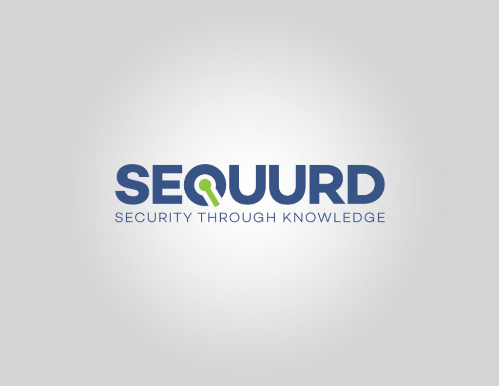 Creating a logo for the Sequrd company. The logo is on a light gray background. The logo is dark blue, with printed letters, and the small green detail is a dash on the letter Q.