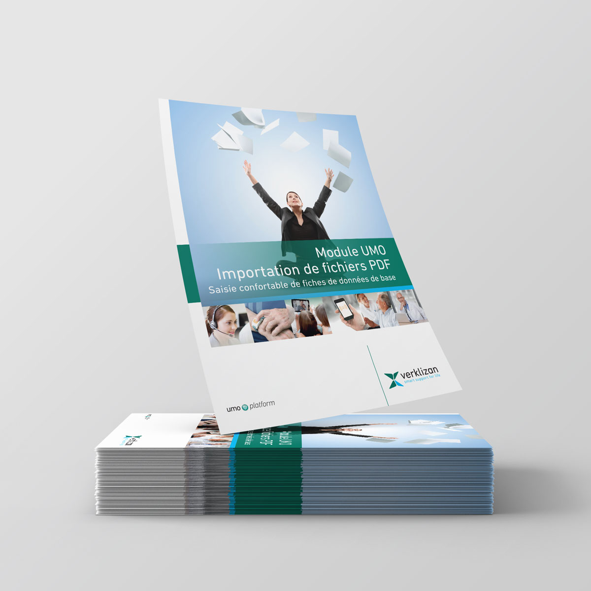 Leaflet design for Verklizan company. The picture shows one upright leaflet that is placed on top of many. In the picture of the flyer, there is a woman dressed in a business suit who is excitedly throwing papers in the air. Behind her is the blue sky. In the contrast of the blue color, there is a green strip in the middle of the page with all the information, and at the bottom a strip with more small photos and at the bottom a white area with the company logo.