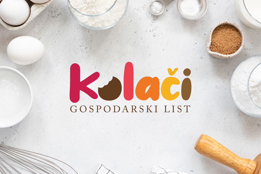 Vizualni identitet za Gospodarski list i njihovu kuharicu Kolači. Na slici se nalazi šareni logo na radnom kuhinjskom stolu. 
