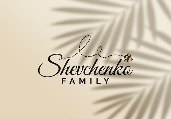 Logo design for Shevchenko's family honey. In the picture we see the logo on a beige background with the shadow of palm leaves.