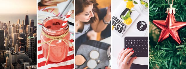 Slika se sastoji od pet manjih okomitih fotografija: obris grada, smoothie, žena, tipkovnica sa ženskom rukom na njoj i božićni ukras