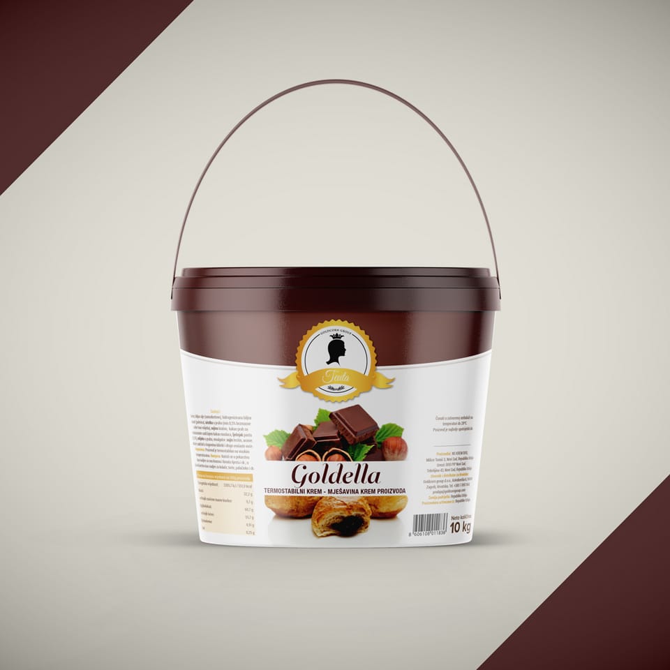 Packaging design for Goldcorn group: a bucket of Goldella heat-stable cream with a brown lid and chocolate and hazelnuts on the label