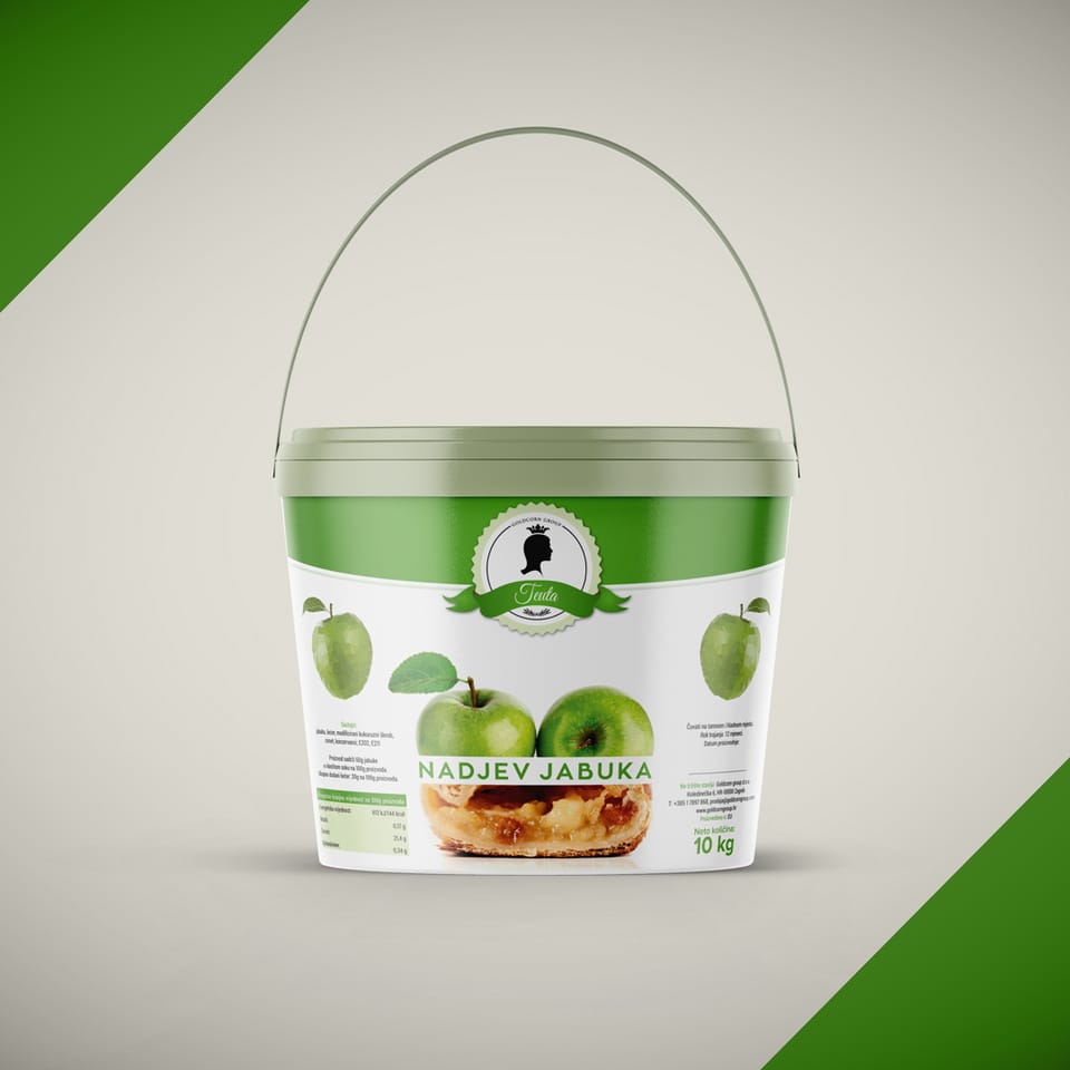 Packaging design for Goldcorn group: a bucket of apple filling with a green lid and green apples on the label