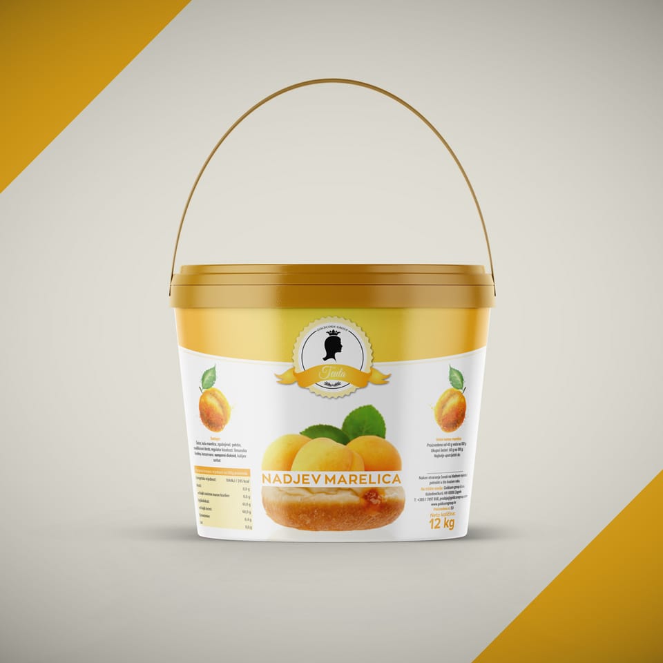 Packaging design for Goldcorn group: a bucket of apricot filling with a yellow lid and apricots on the label