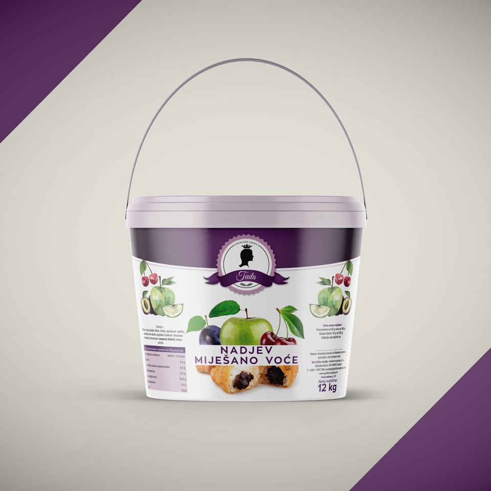 Packaging design for Goldcorn group: a bucket of mixed fruit filling with a purple lid and an apple, a plum and cherries on the label