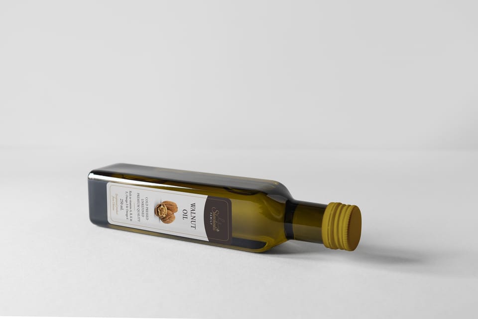 Shevchenko walnut oil bottle lying on its side