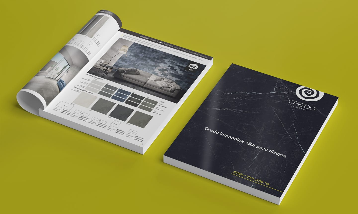 Catalogue design for Credo centar: an open catalogue at a tile page and a closed one with a black marble cover, on a lime green background