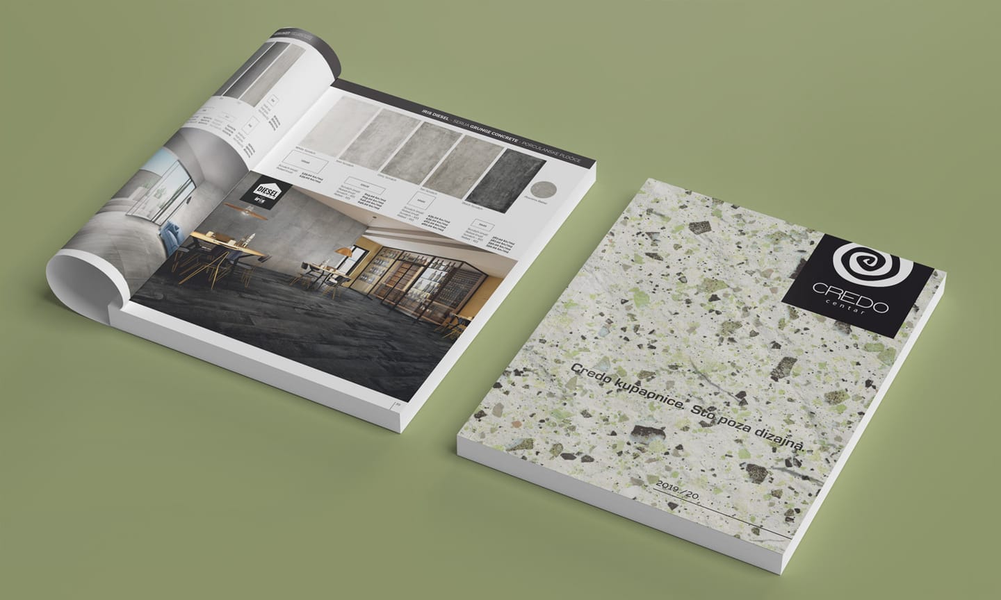 Credo centar catalogues on an olive green background: one closed, with a white cover and black text, and one open