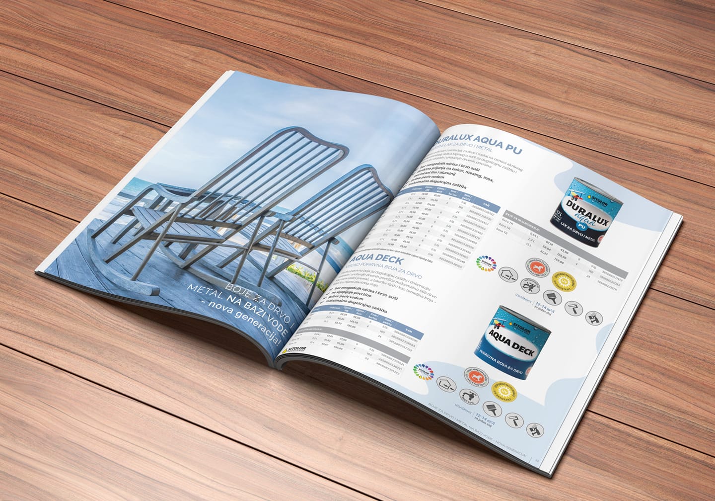 Catalogue design for Sitolor: an open catalogue on a wooden surface, showing Duralux Aqua PU and Aqua Deck paints for wood and metal