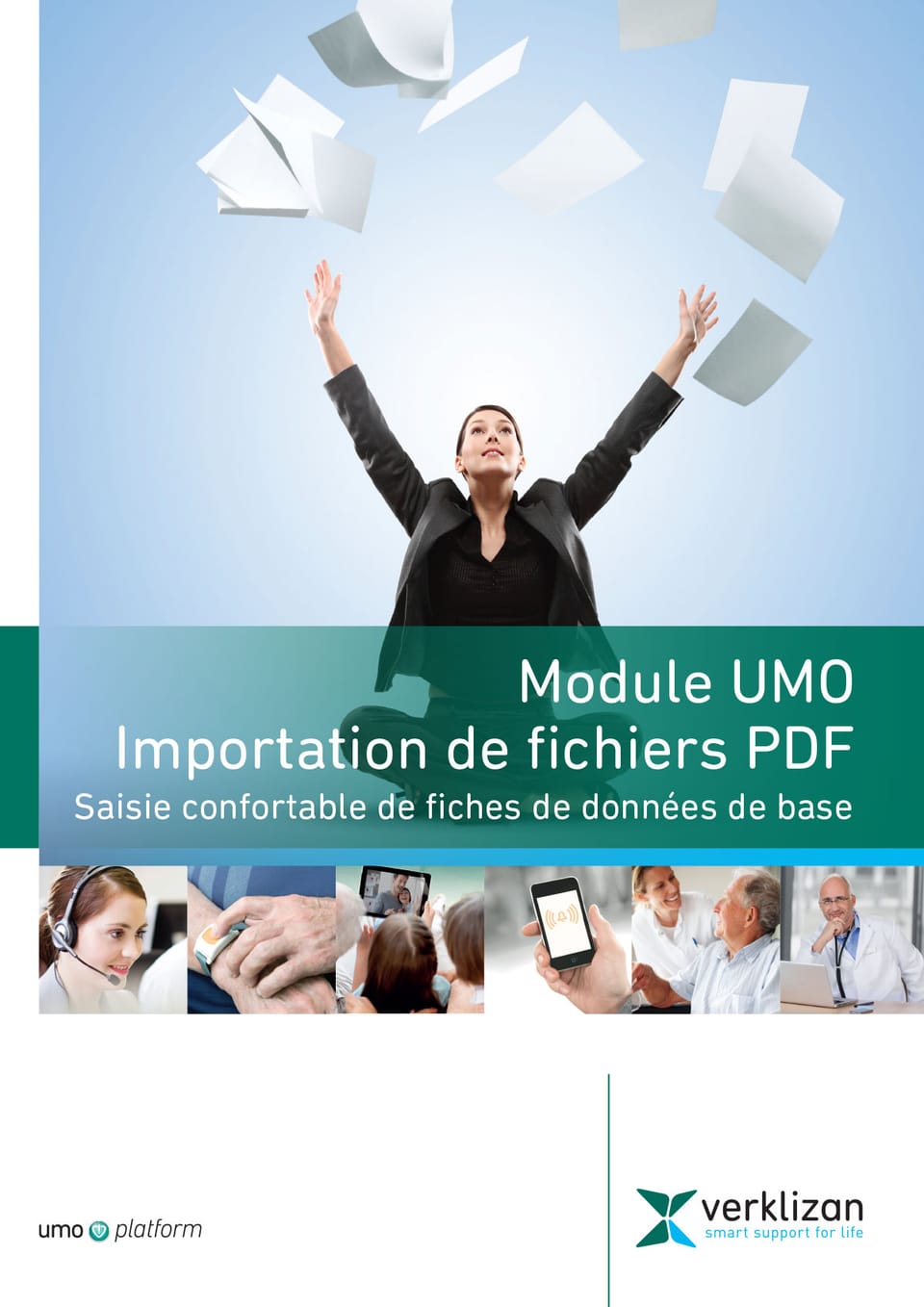 Flyer design for Verklizan: a businesswoman throwing papers into the air against a light blue background, with white text on a green band and a row of six small photos below