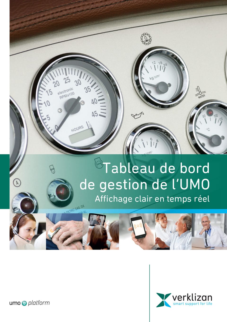Flyer design for Verklizan: a photo of measuring gauges, with white text on a green band and a row of six small photos below