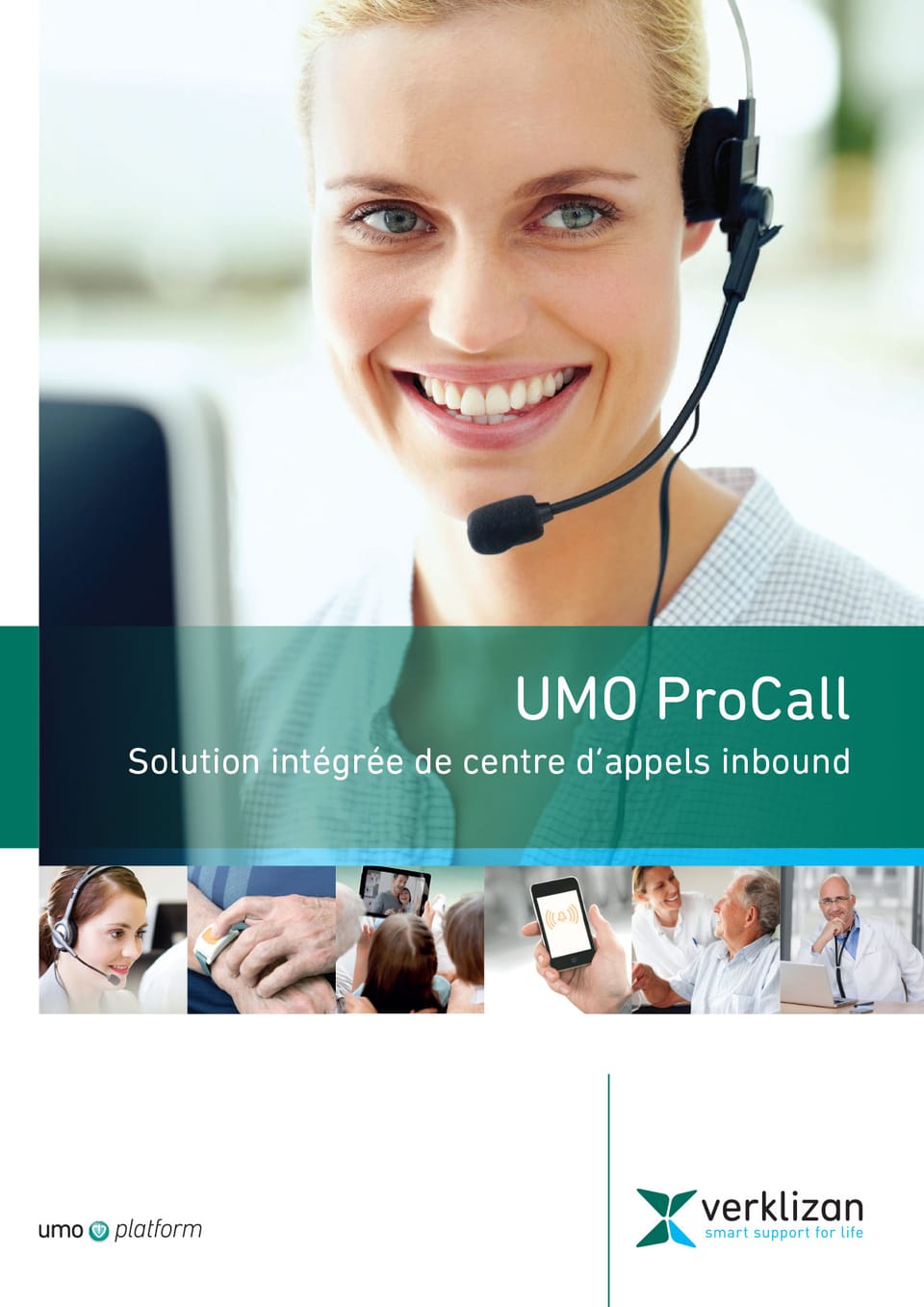 Flyer design for Verklizan: a smiling customer service agent wearing a headset with a microphone, with white text on a green band and a row of six small photos below