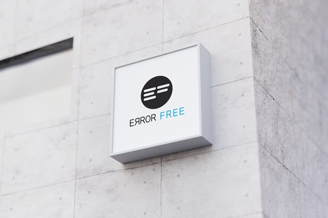 Logo design for Error Free: a square sign with the black and blue logo on a concrete building facade