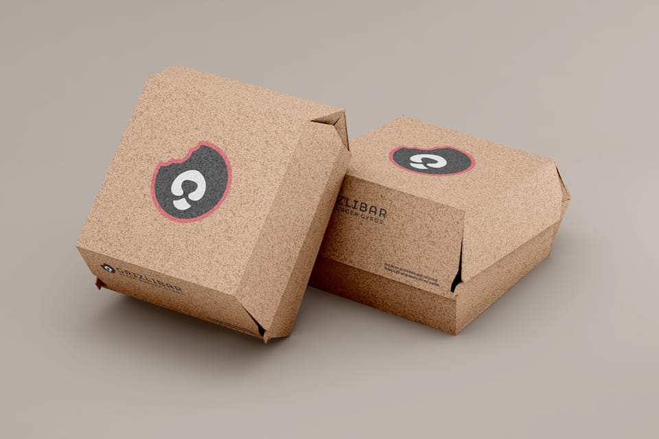 Dizajn ambalaže za Grizli bar: dvije kartonske kutije za burgere s logotipom Grizli bara