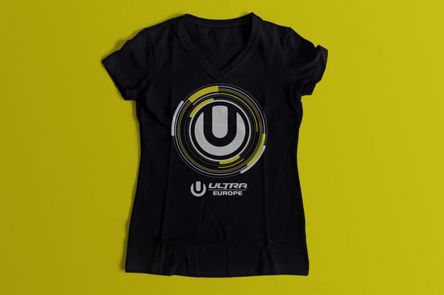 T-shirt design for the Ultra Europe festival: a black women's V-neck T-shirt with a letter U inside yellow and white circles and the festival logo, on a mustard yellow background