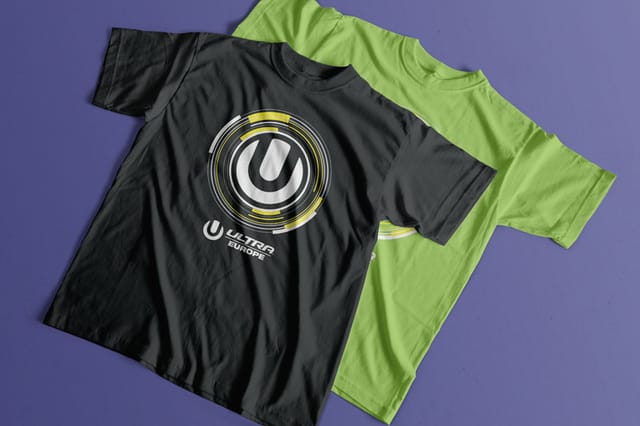 T-shirt design for Ultra Europe: a black T-shirt on top of a green one on a purple surface; the black one shows a letter U in white and yellow circles and the festival logo