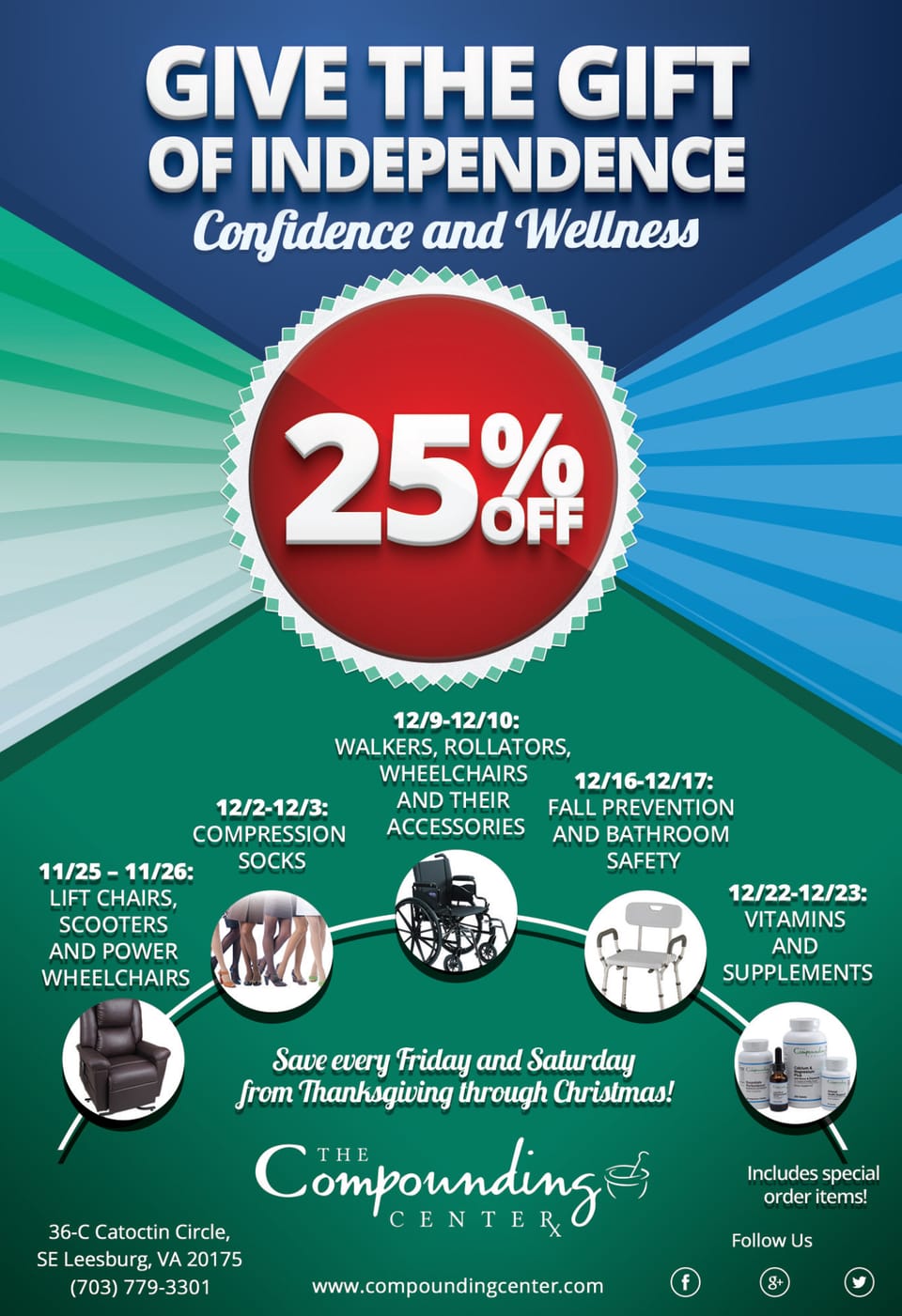 Advertisement for The Compounding Center: the headline “Give the gift of independence”, a red 25% off badge and a row of products on a blue and green background