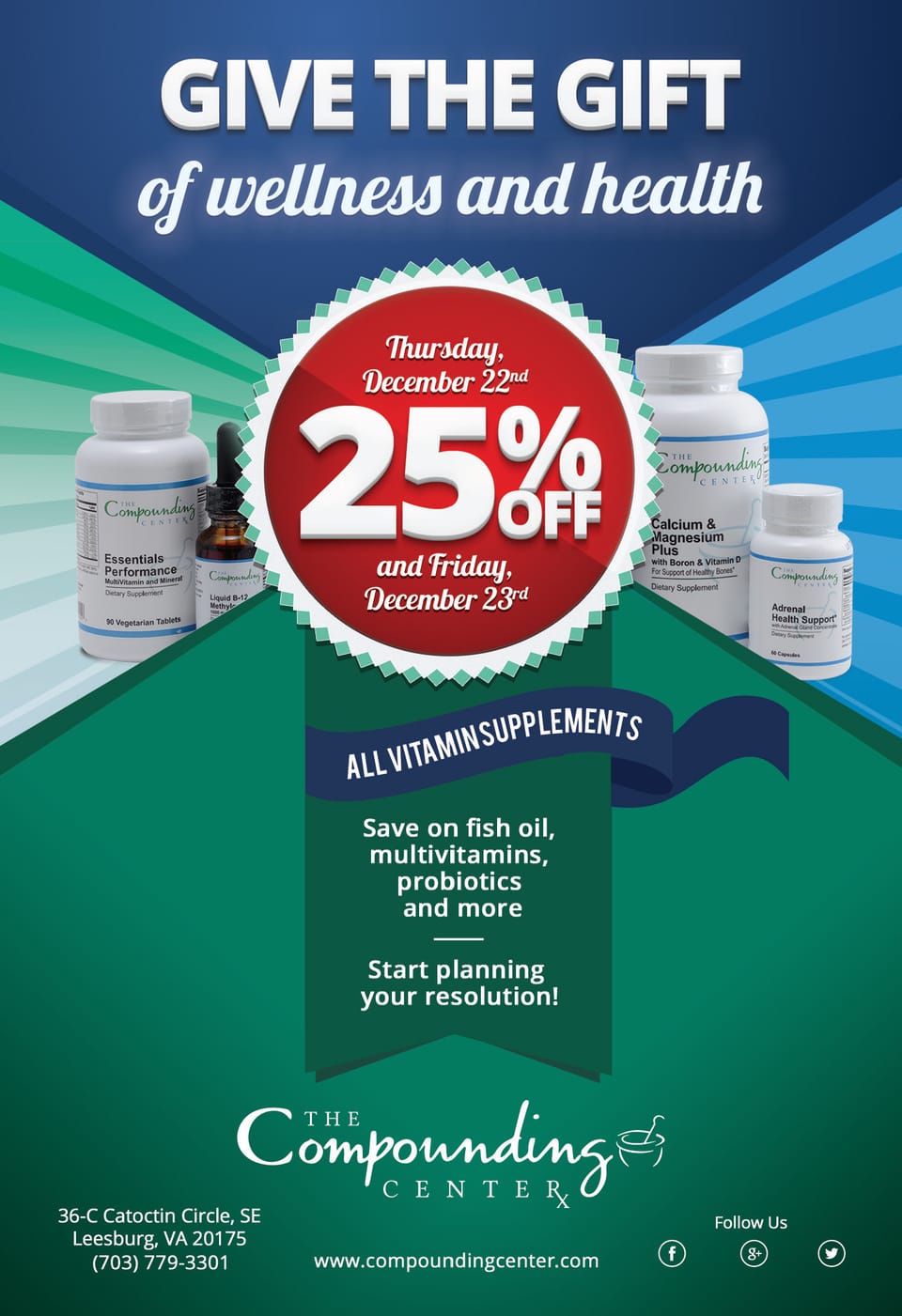 Advertisement for The Compounding Center: the headline “Give the gift of wellness and health”, a red 25% off badge for vitamin supplements, flanked by product bottles