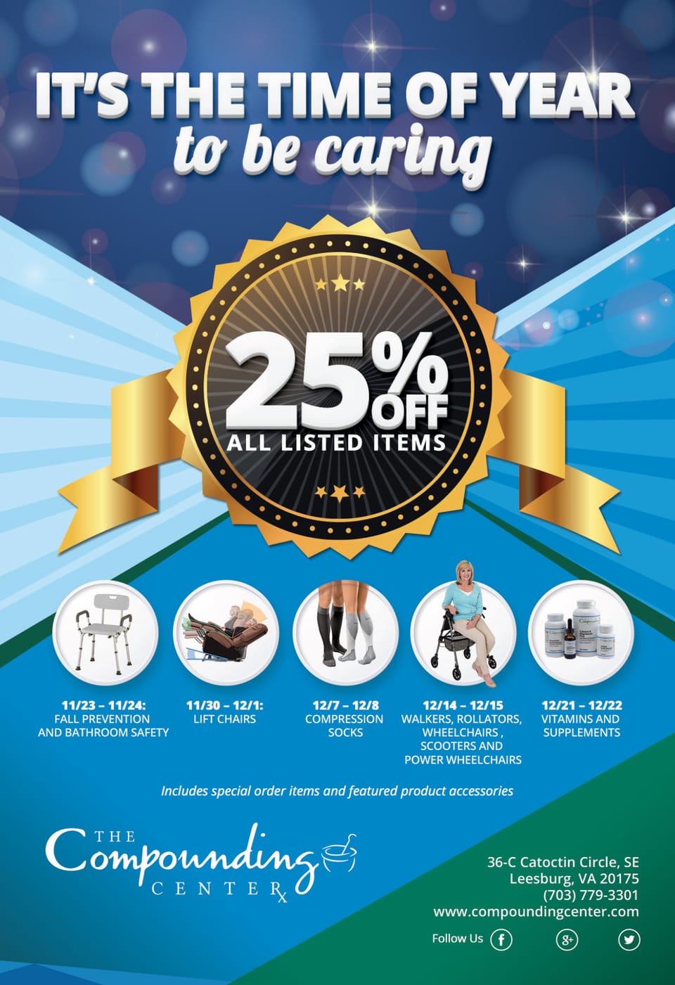Advertisement for The Compounding Center: the headline “It’s the time of year to be caring”, a gold and black 25% off badge and five round product photos