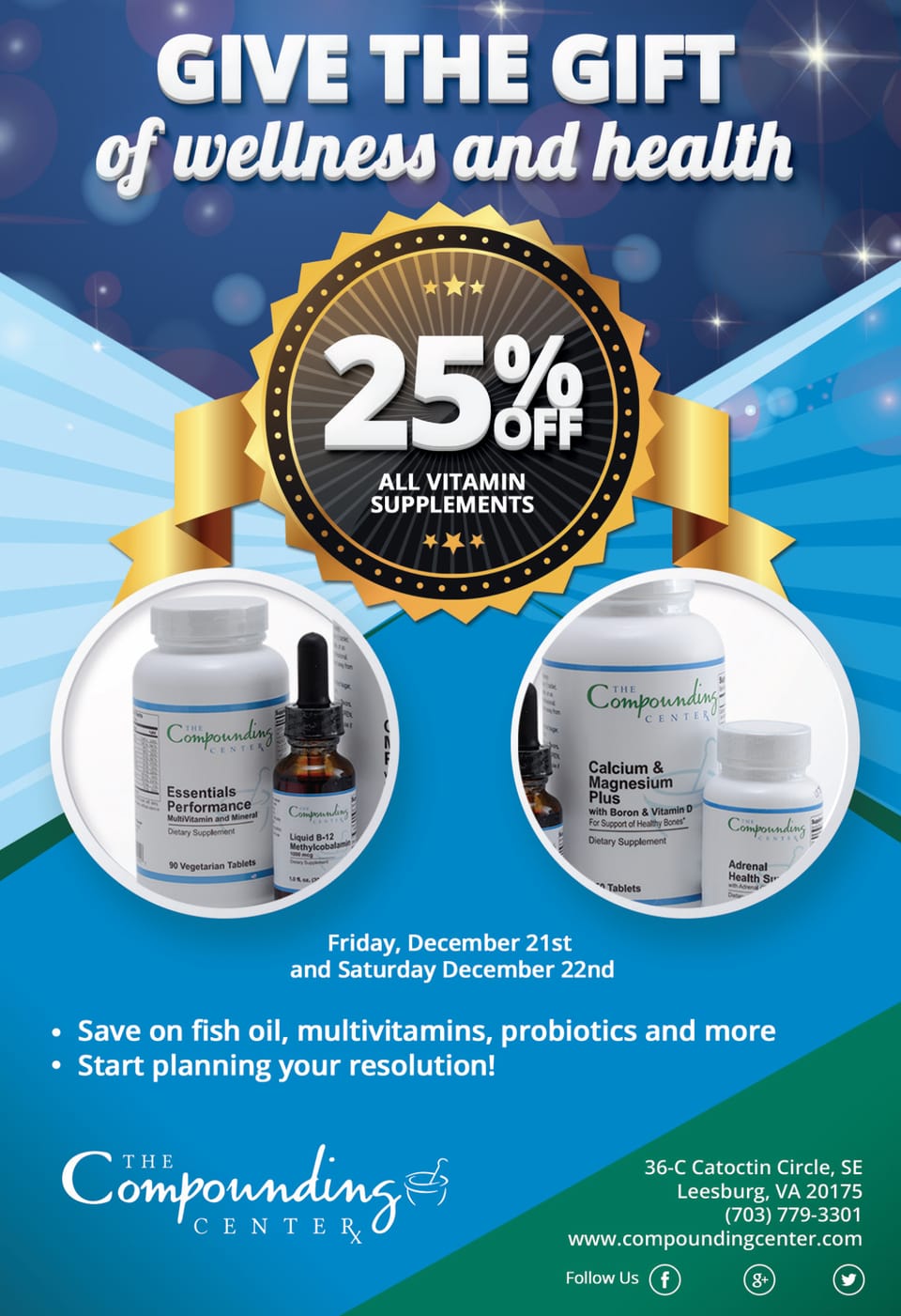 Advertisement for The Compounding Center: the headline “Give the gift of wellness and health”, a gold and black 25% off badge for vitamin supplements, with two photos of bottles below