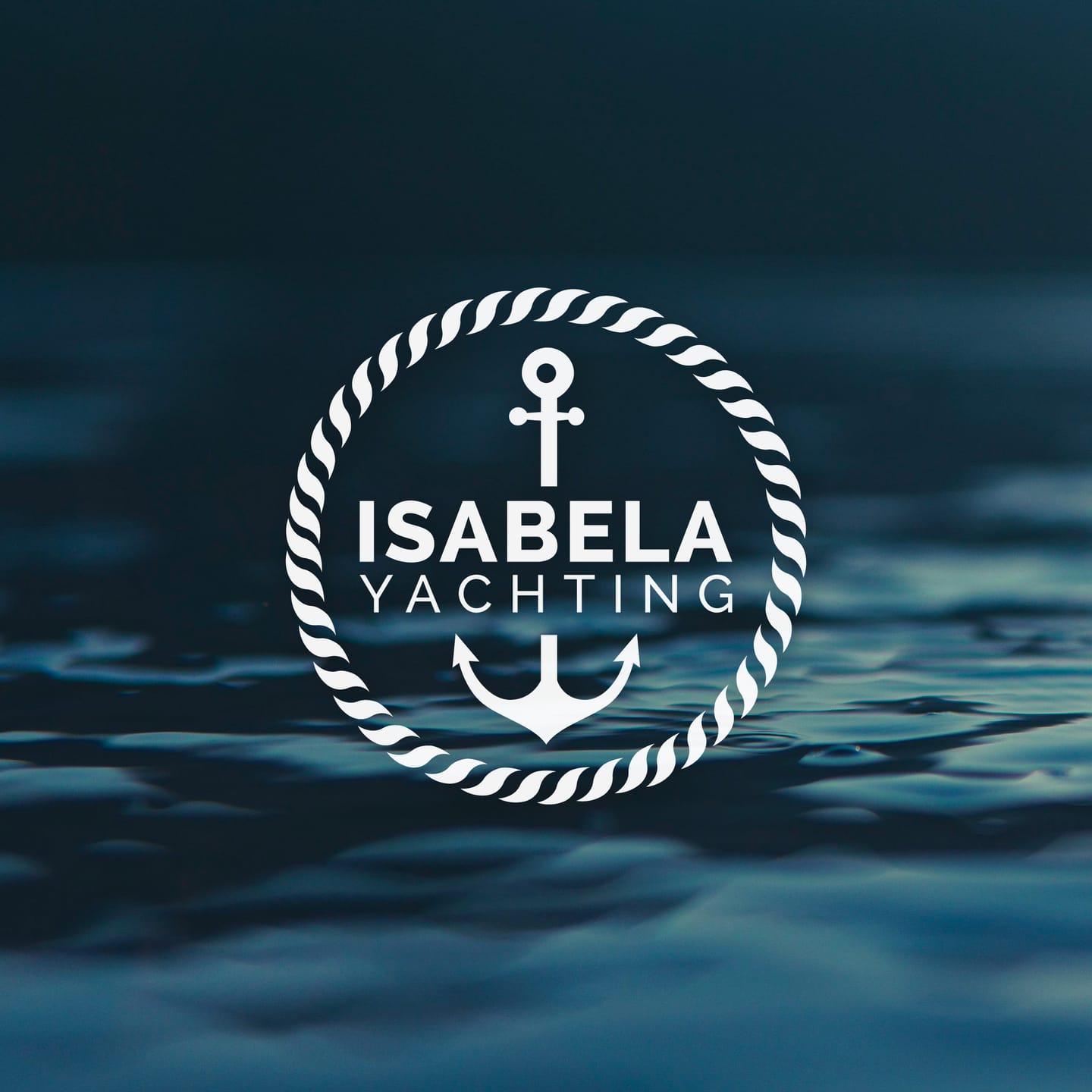 Logo design for Isabela Yachting: the white logo on a wavy sea background, a circle of nautical rope with an anchor and the name in the middle.