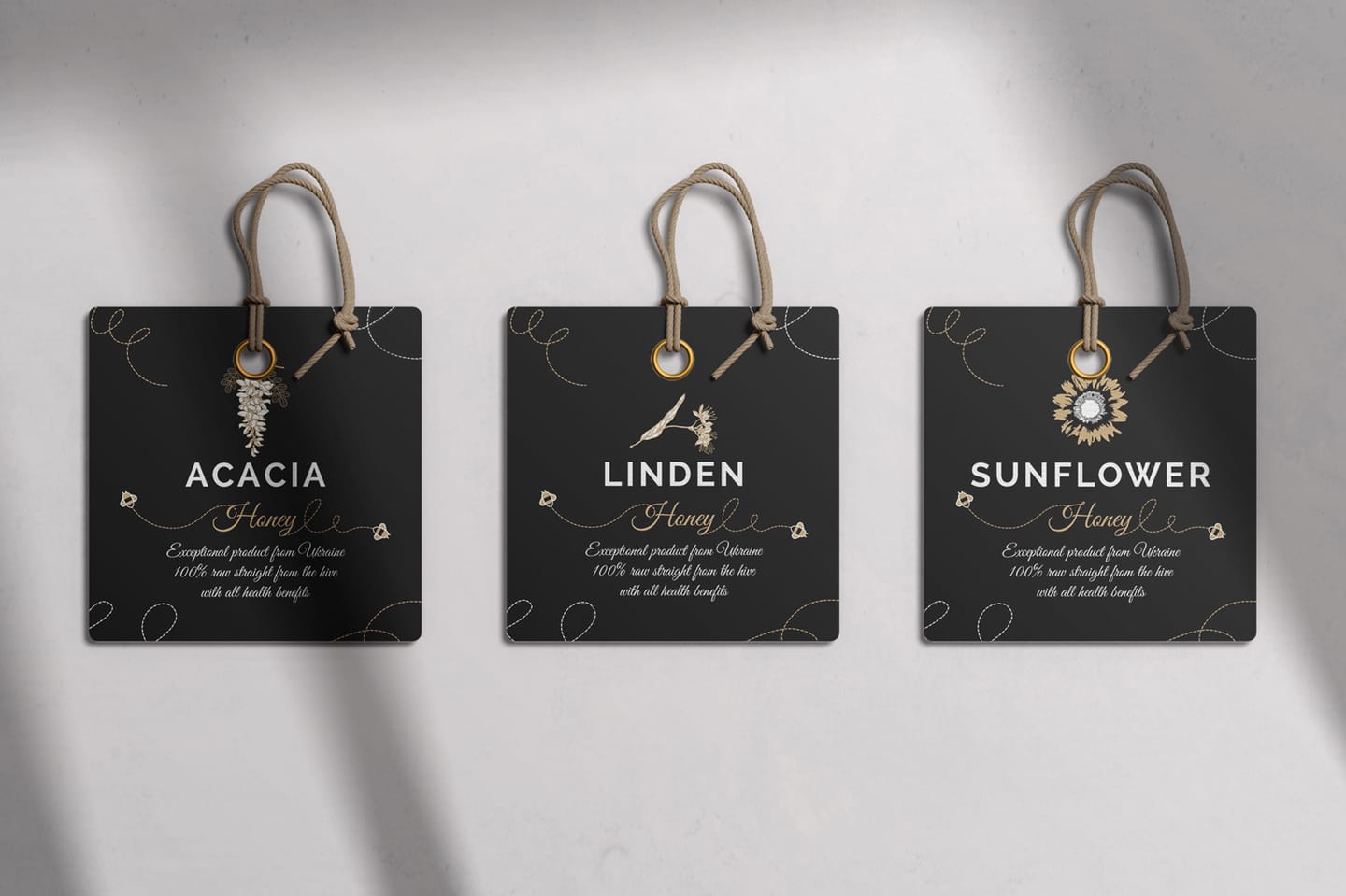 Shevchenko hang tags for acacia, linden and sunflower honey, black with gold and white lettering