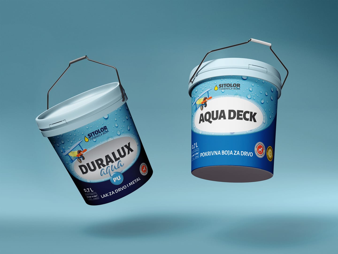 Packaging design for Sitolor: Duralux Aqua PU and Aqua Deck buckets with a water-droplet motif on a blue background